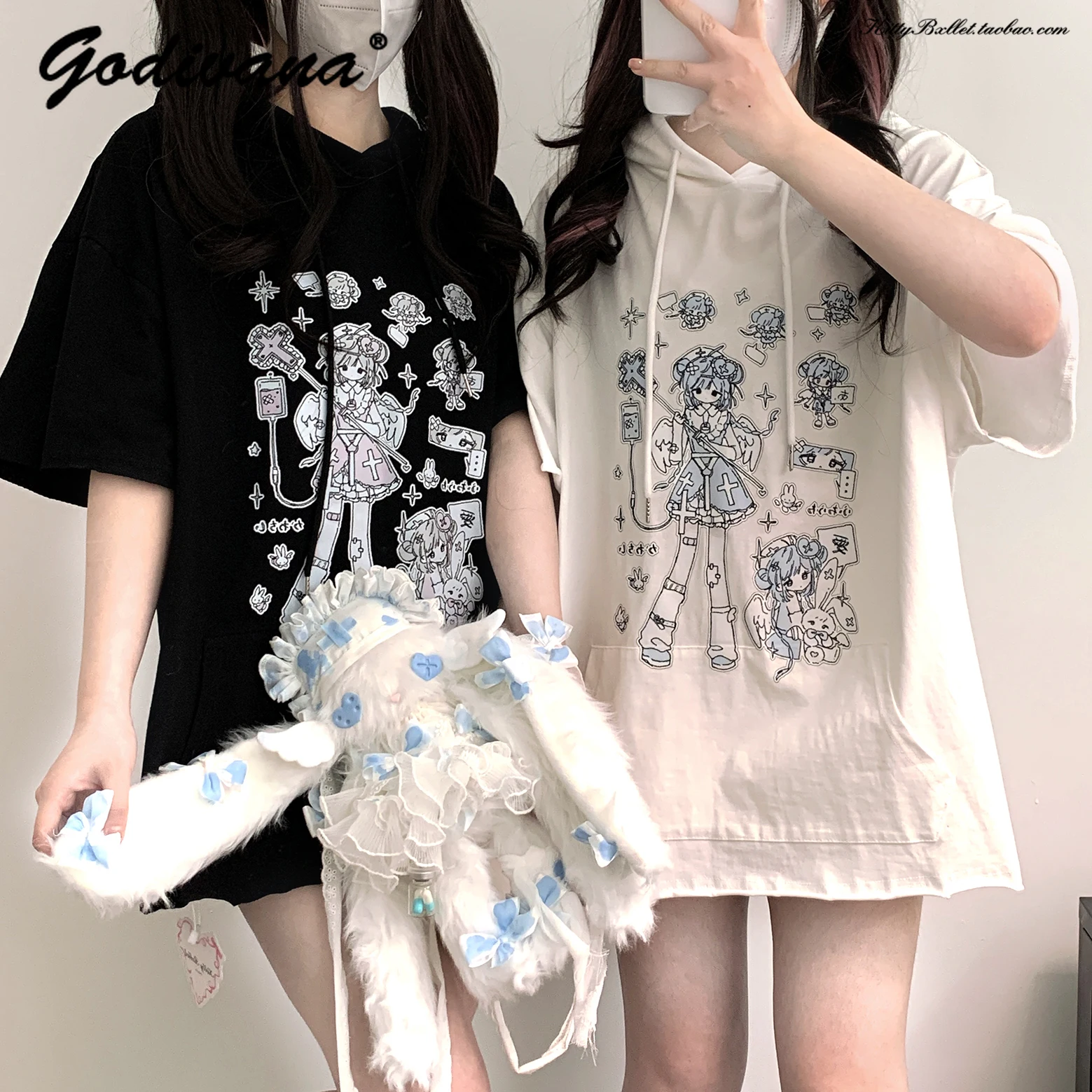 Japanese Mine Loose Rabbit Ear Hat Original Printed Pattern Cotton Tee Student Female Loose Casual T-shirt Hooded Y2K Tops