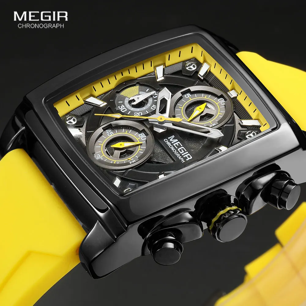 MEGIR Military Sport Yellow Watch for Men Fashion Rectangle Chronograph Quartz Wristwatch with Luminous Hands Date Silicone Band