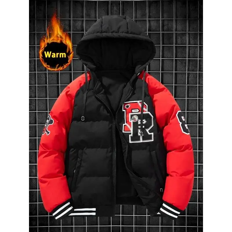 Men's Hooded Baseball Jacket Cotton Outerwear Wear Resistant Wool Filled Coat Outdoor Casual Style Button Closure Long Length