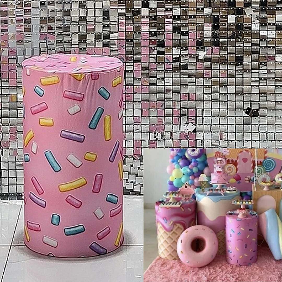 Sweet Sprinkles Donut Glaze Cylinder Covers for Donuts Candy Party Strethy Pedestal Cover Desserts Tablecloth Decor Props NO-928