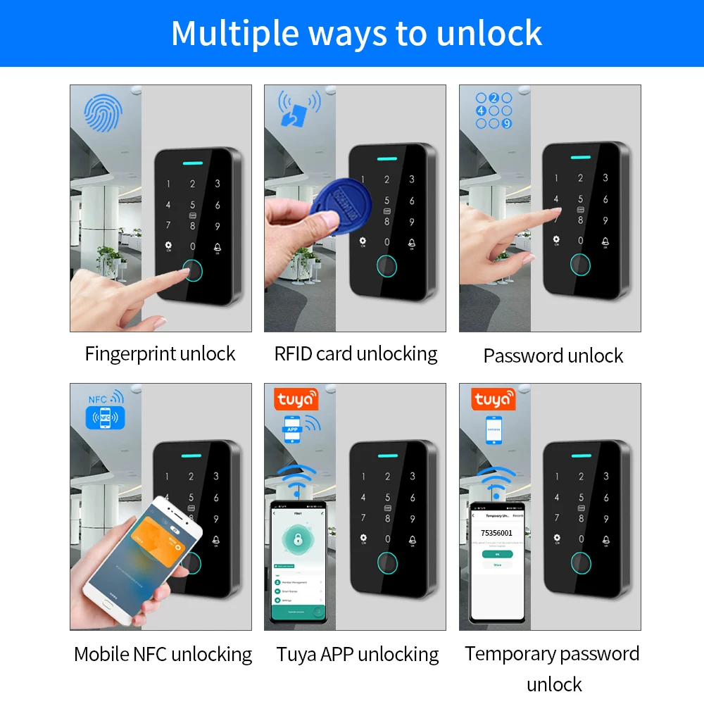 NFC Tuya Outdoor Fingerprint Access Control Keypad IP67 Waterproof RFID 125Khz + 13.56MHz IC Biometrics Door Opener with Gateway