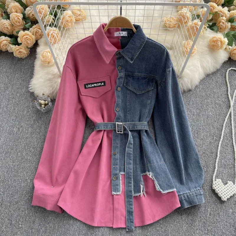 

Dresses Cowboy Splicing Lapel Autumn Winter New Waist Sharp Thin Irregular Mid-length Colorblocking Single-breasted Belt Shirt