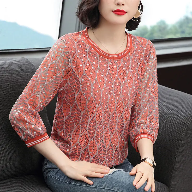 Women\'s Clothing Stylish Lace Spliced Blouse Casual O-Neck Spring Summer 3/4 Sleeve Loose Commute Korean Polka Dot Printed Shirt