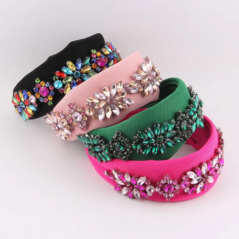 جديد بسيط واسع حافة حجر الراين زهرة عقال للنساء النمط الأوروبي والأمريكي الملونة النسيج الشعر التبعي #1