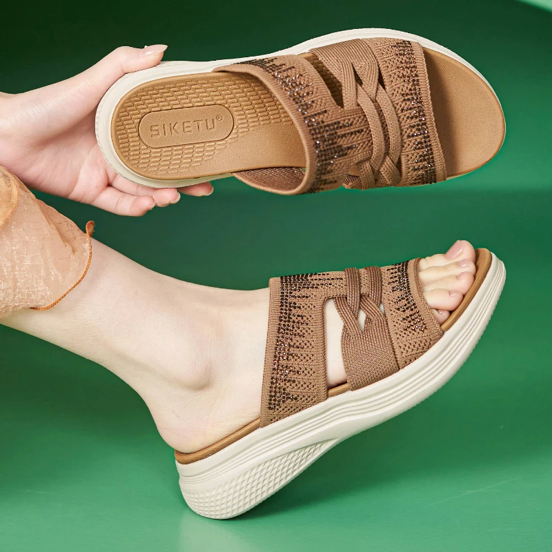 

Rhinestone Embellished Woven Slide Sandals Platform Wedge Heel Casual Summer Beach Walking Shoes Breathable Lightweight Footwear