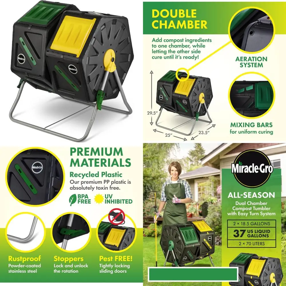 

Dual Chamber Compost Tumbler: Heavy-Duty Outdoor Bin for Easy Composting with Two Sliding Doors (2x18.5 Gallon/70 Liter Capacity