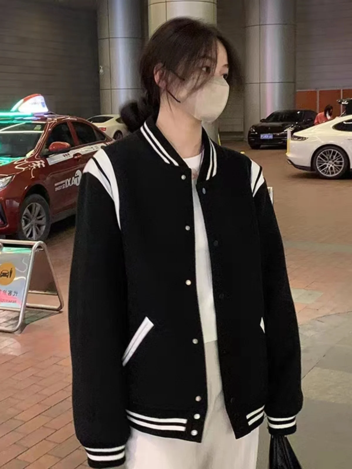 

American Sle Fce Lined Baseball Jaet Thiened Sweatirt Outerwear Women's Loose Color Blo Jaet Autumn Winter New...