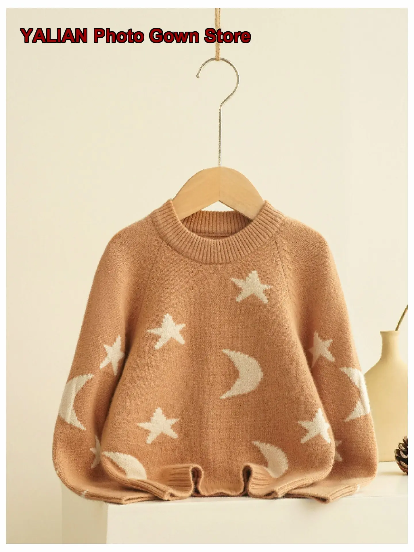Kids Base Layer Top Boys Girls Autumn Winter Solid Color Star Moon Fairytale Cashmere Sweater Thickened Warm