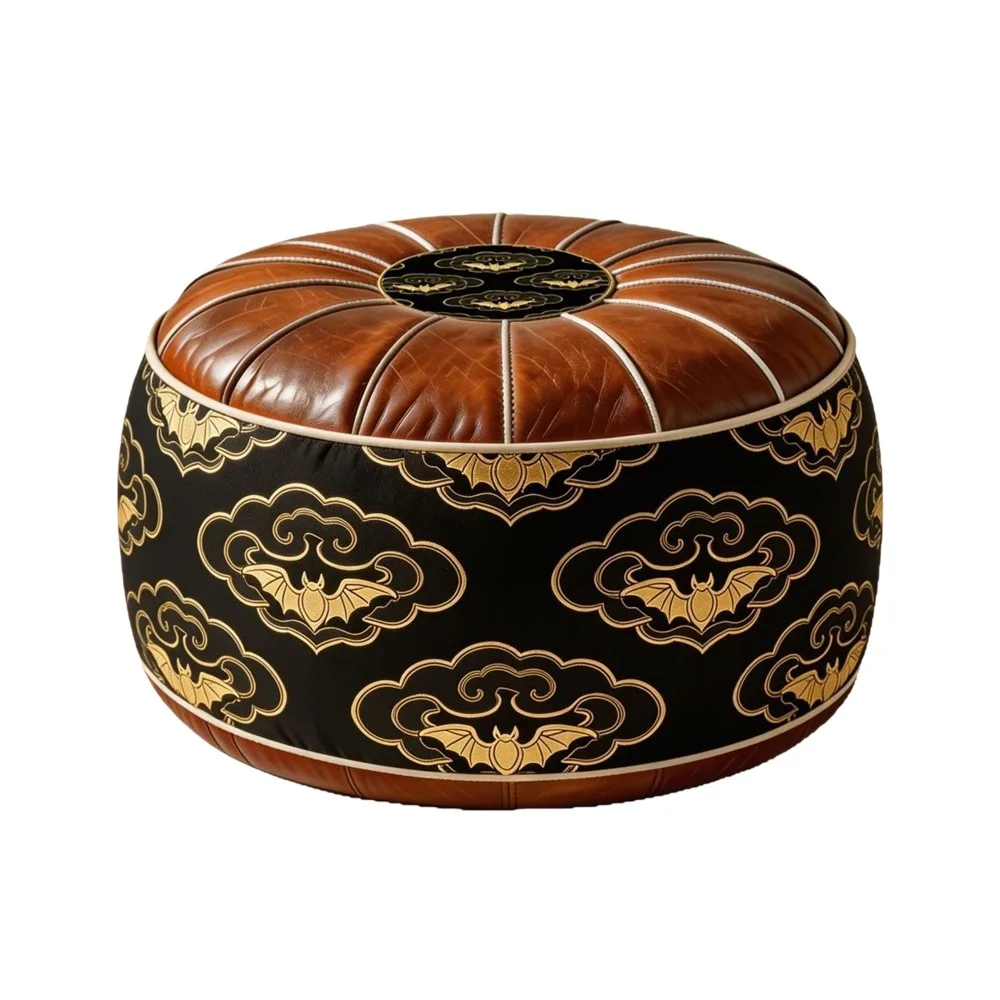 Boho Pattern Ottoman Pouf PU Leather Fillable Design Footstool Cover Water Resistant Large Opening Storage Ottoman Home Use