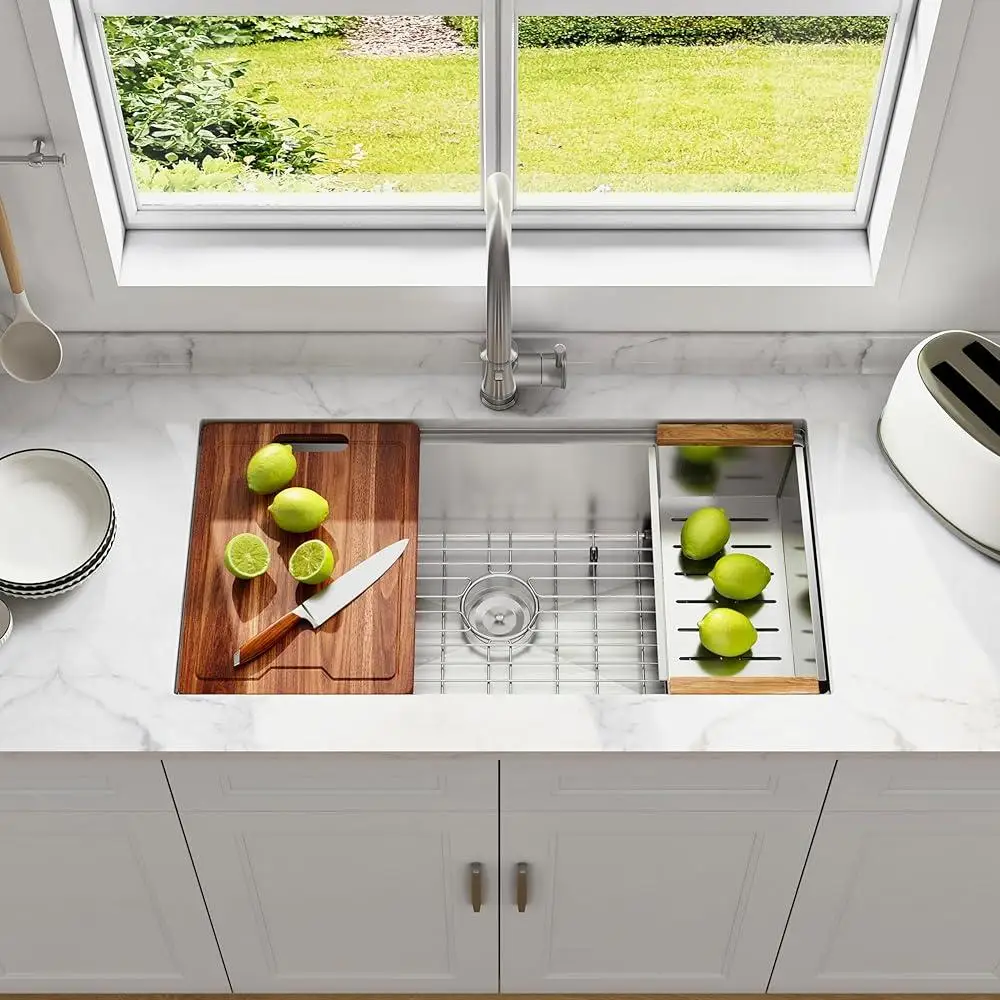 محطة عمل حوض المطبخ Undermount من الفولاذ المقاوم للصدأ مقاس 30 بوصة، وعاء واحد، ملحقات عازلة للصوت مصنوعة يدويًا عميقة