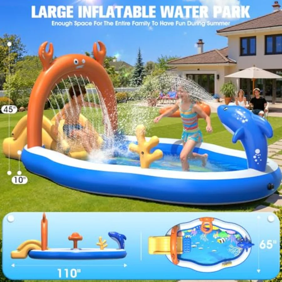 Backyard inflatable water park for toddlers: PVC, blue, includes slide and sprinkler, 110''x65''x45'', quick-setup blow-up play