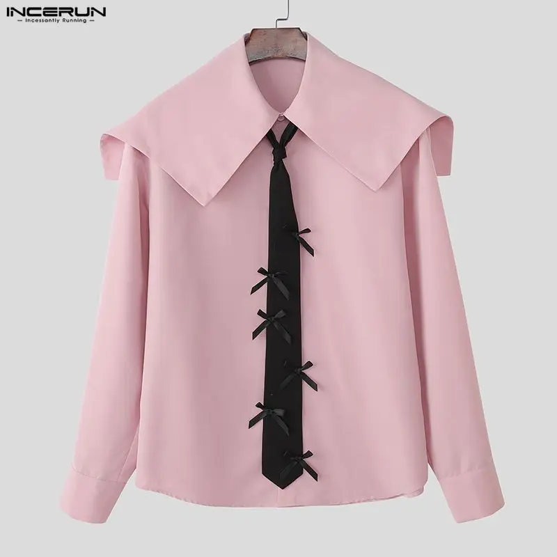 

INCERUN Мужская рубашка в стиле пэчворк с бантом и лацканами с длинным рукавом, повседневная мужская одежда, свободная уличная одежда 2026, модные мужские топы, Camisas S-5XL