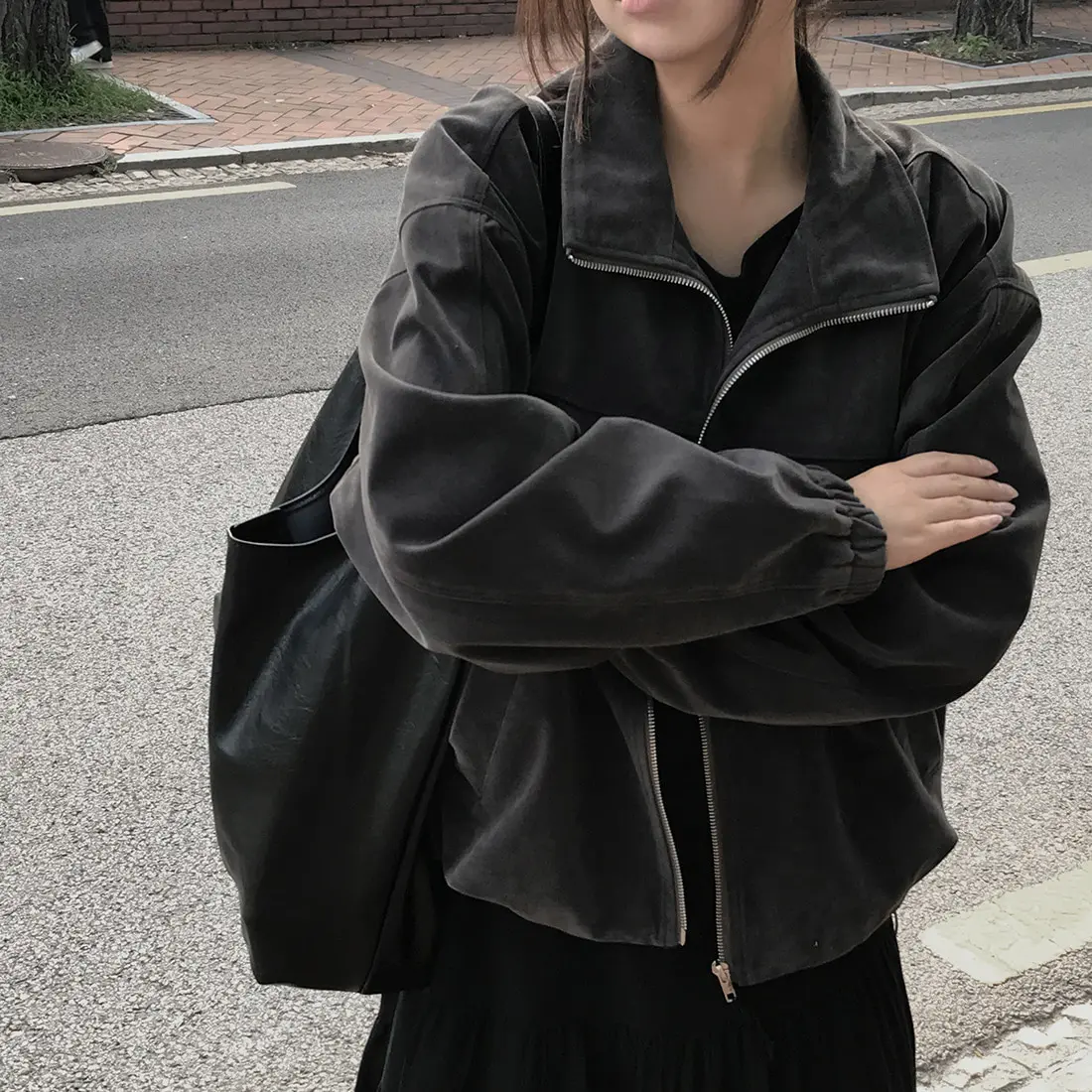 

Ladies Casual Chic ort Jaet Autumn Winter Loose Fit Versatile Simple Sle Korean Version Commute Sle Zipper Closure