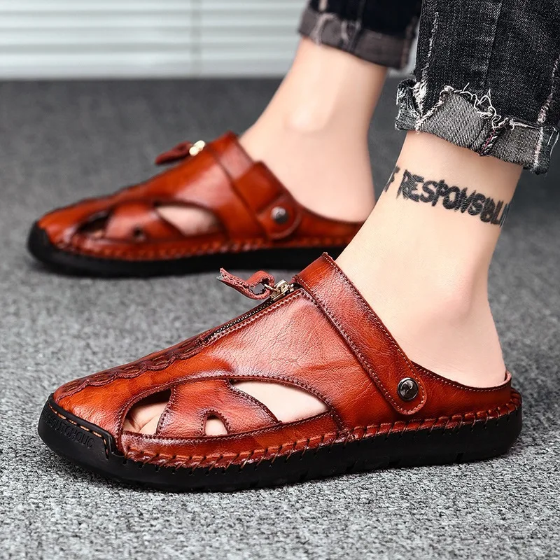 

Handmade Men Sandals Summer Leather Beach Shoes Plus Size Zip Roman Sandals Fashion Durable Men Shoes 2026 New Zapatos De Hombre