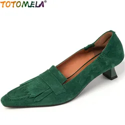 TOTOMELA 2022 New Arrive Vintage Slip On Kid Suede Women Shoes Thin Med Heels Pumps Sqaure Toe Ladies Dress Shoes