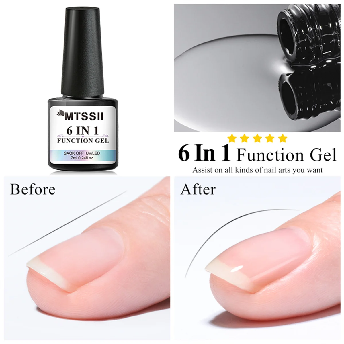 6-IN-1 nagellijmgel voor acrylnagels losweken basisgel toplaag UV-verlenging nagelgel valse nageltips gel, duurzame hechting