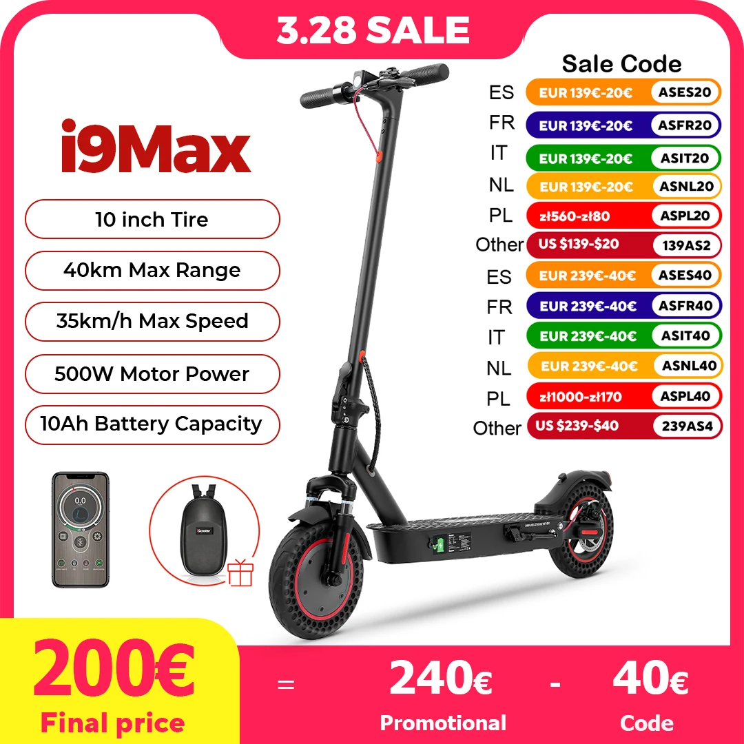 iScooter i9Max Scooter elettrico da 10 pollici Motore massimo 500W Scooter a doppio assorbimento