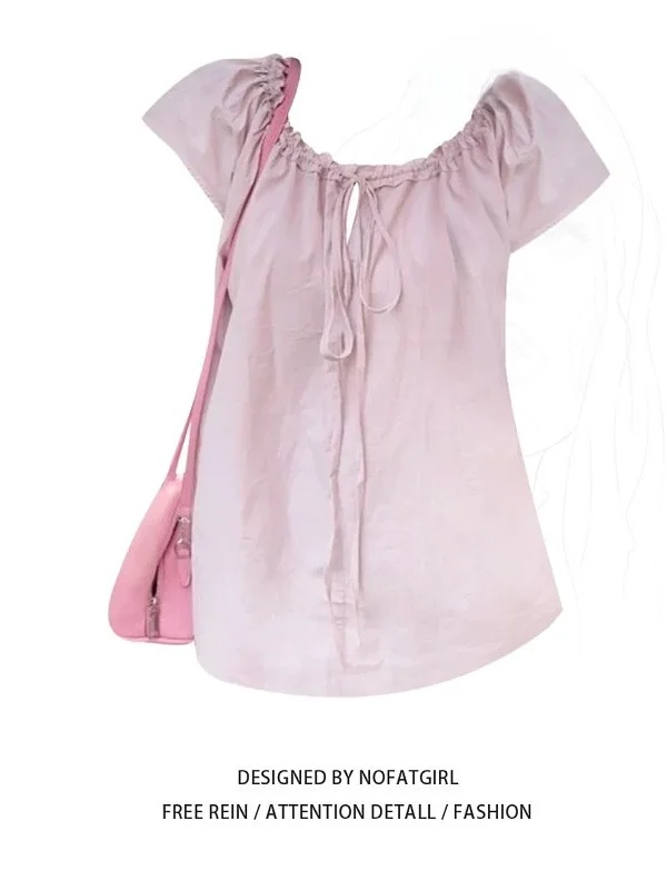 

Женская летняя свободная универсальная блузка больших размеров с милым розовым бантом и коротким рукавом, омолаживающая, для любого типа фигуры