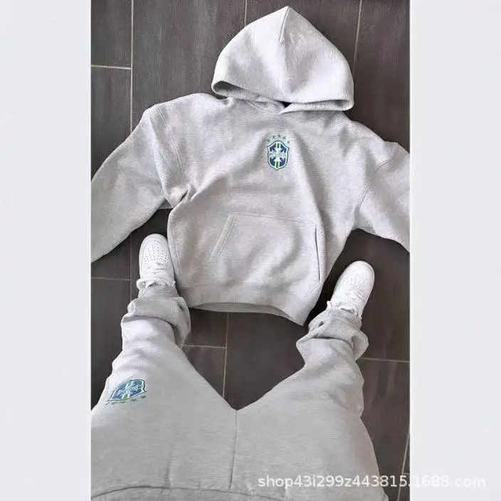 Unisex Fleece Tracksuit 2Pcs Set Hooded Sweatshirt Wide Leg Sweatpants Oversized Streetwear Matching Outfit Men Women Daily Wear