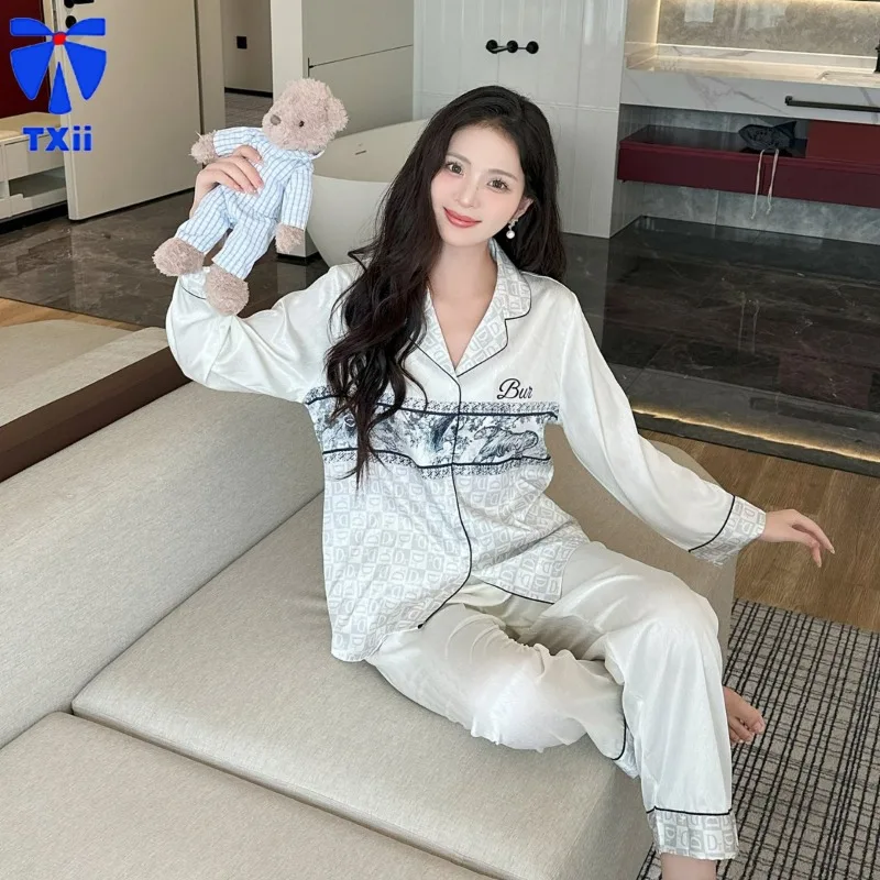 High-end Custom Ice Silk Pajamas Women\'s Spring and Summer Thin Herringbone Jacquard suit Light Luxury Outfit Home Clothes