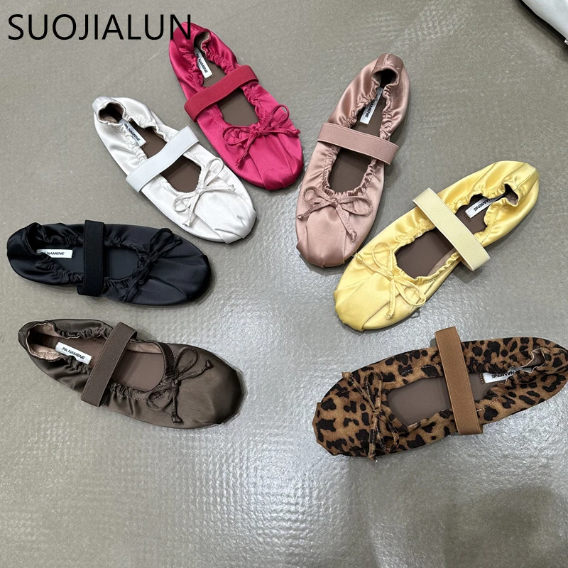 SUOJIALUN 2024 Autumn Women Flat Shoes Ladies Elegant Pleated Ladies Elegant Shallow Slip On Ballerinas Shoes Soft Flat Dress Bo