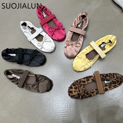 SUOJIALUN 2024 Autumn Women Flat Shoes Ladies Elegant Pleated Ladies Elegant Shallow Slip On Ballerinas Shoes Soft Flat Dress Bo