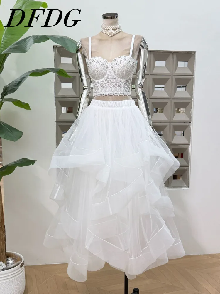 

DFDG женский весенне-летний комплект из белой кружевной тюлевой юбки на бретельках, вечерняя официальная одежда, 2026, модный женский модный комплект одежды