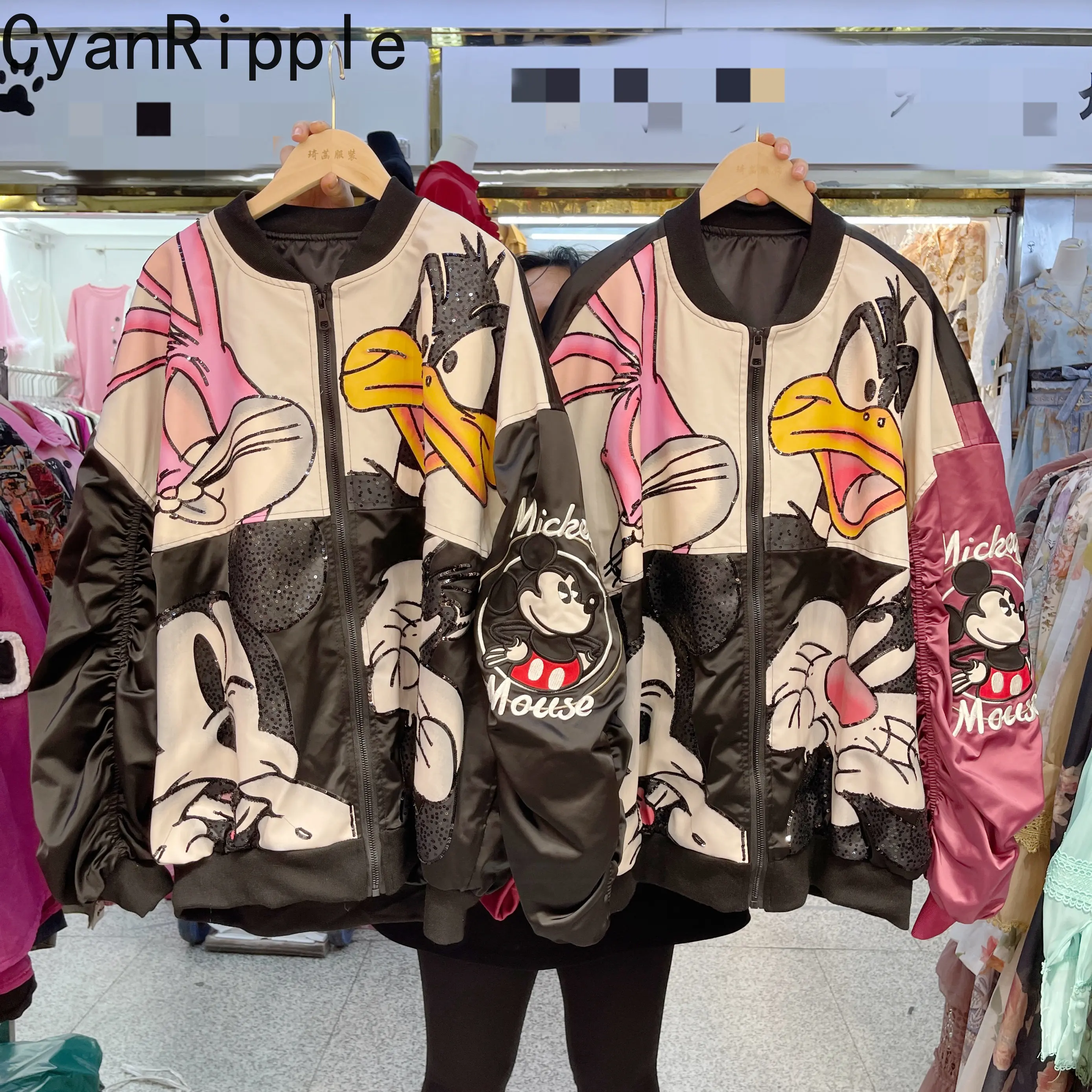 

American Vintage Stand Collar Zip Loose Cardigans Coat Trendy Embroidery Sequins Cartoon Mid-long Long Sleeve Baseball Jackets