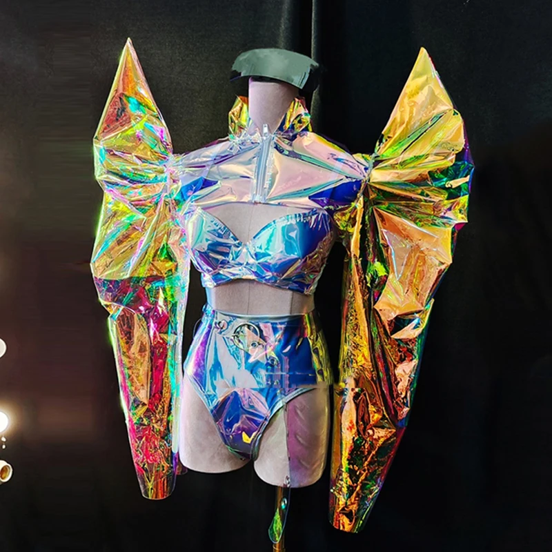 Lady Gaga Music Festival Laser Bikini Reflective Puff Sleeve  Dancer Stage djshowCostume Nightclub Gogo Dancer Outfit  Clothing