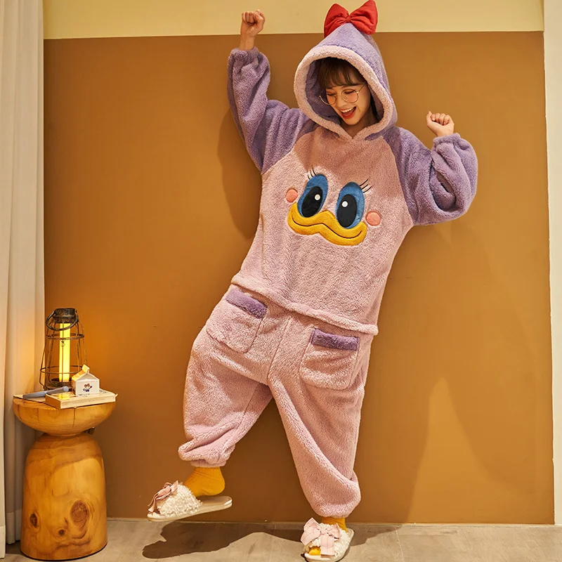 Cartoon Disney Winnie the Pooh Pajamas Winter Donald Duck Women\'s Pajamas Coral Fleece Hooded Casual Warm Two-piece Loungewear