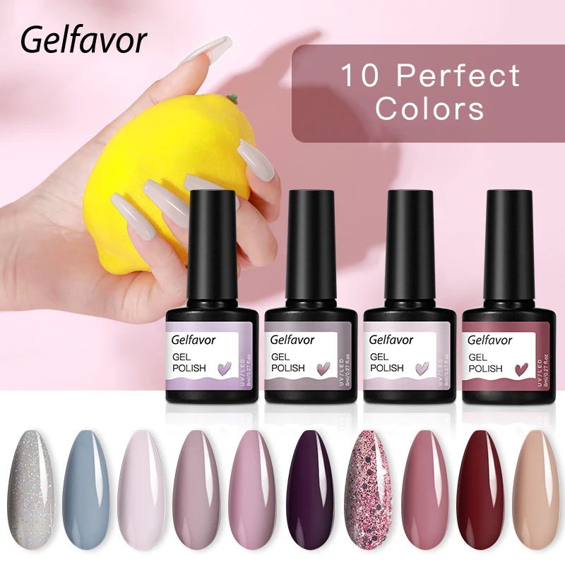 GELFAVOR 10 Colors Nail Gel Kit Polish Semi Permanent Varnishes Hybrid Soak Off UV Gel Base Top Coat