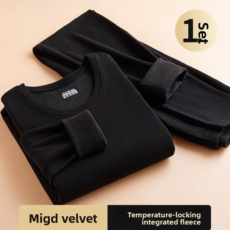 가을 겨울 남성용 보온 내의 세트 두꺼운 벨벳 라운드 넥 셀프 히팅 탄력성 긴팔 잠옷