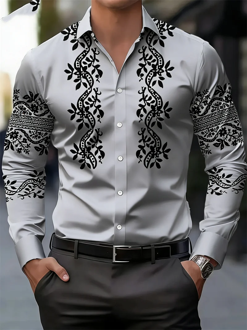 

New men's long sleeved shirt casual fashion 3D ethnic style printed high-quality shirt single breasted long sleeved top