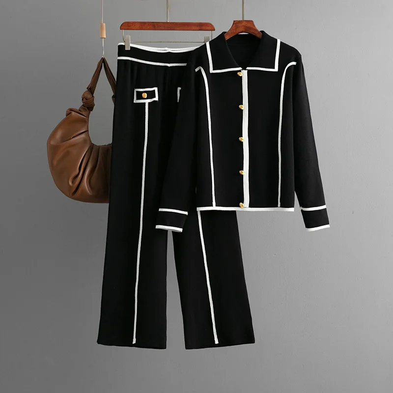 여성 스웨터 투피스 수트 풀오버 니트 와이드 레그 팬츠 무슬림 세트 니트웨어 싱글 브레스티드 2025 가을 겨울 의상