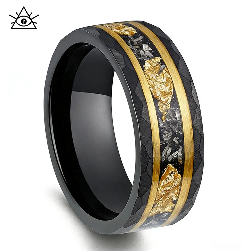 

Мужское кольцо из вольфрамовой стали шириной 8 мм, черное кованое кольцо из вольфрамовой стали с инкрустацией из искусственного метеорита из серебряной фольги