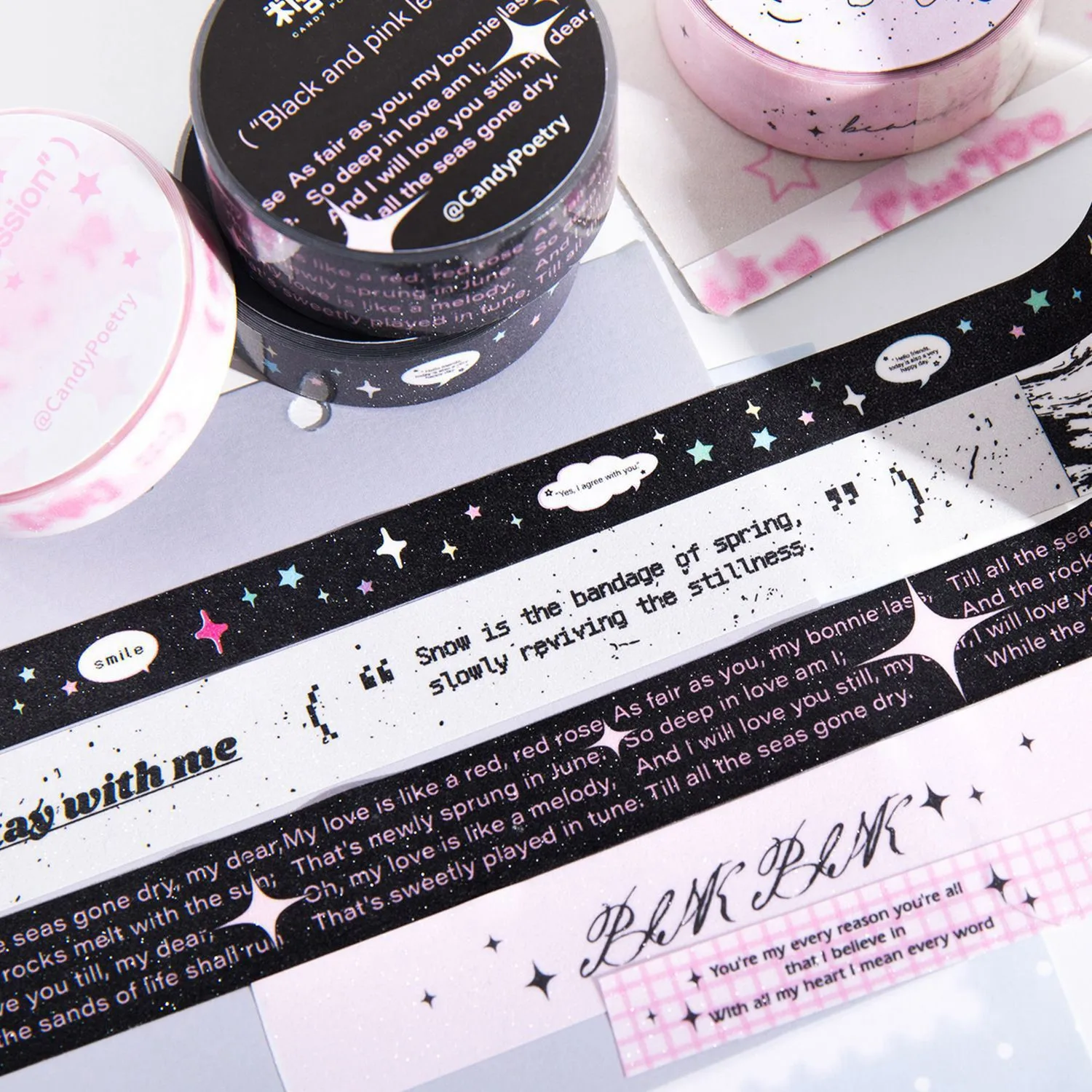 Glitter Sand Washi Tape Black Pink Korean Cute Text Masking Tape Ballet Style Journal Planner DIY Decoration Washi Tape