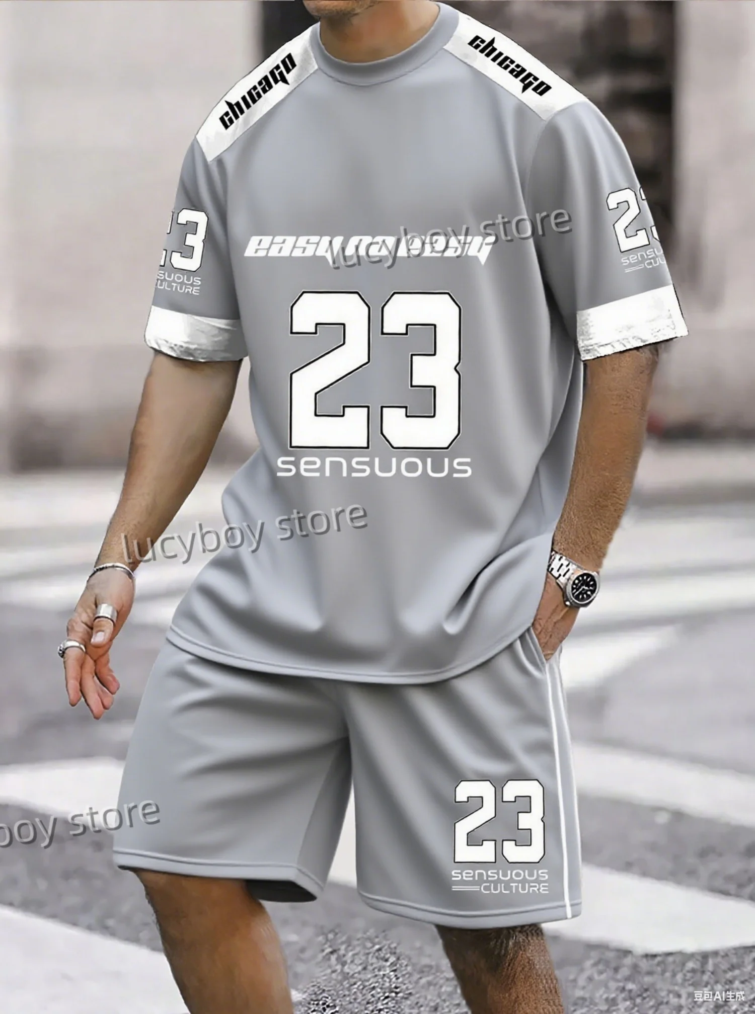 Summer Men EASY TO EASY 23 Print Set Short Sleeve T-Shirt Shorts Set Adult Sport Jogging Plus Size Tracksuit 2 Piece Set