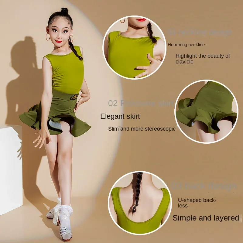Ropa de entrenamiento de baile latino para niños, ropa de rendimiento para niñas, salón de baile, Salsa, Tango, Cha, falda