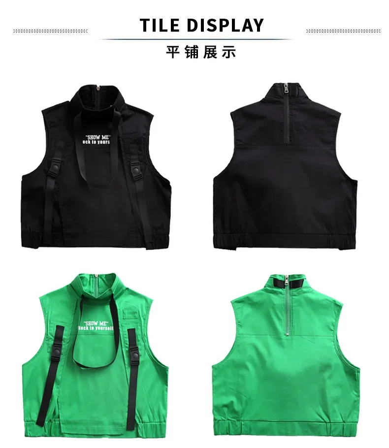 Kinder Hip-Hop-Kleidung, ärmelloses Jackenoberteil, T-Shirt, Streetwear, taktische Cargo-Jogginghose für Mädchen und Jungen, Tanzkostüm, Kleidung. – Detail 15