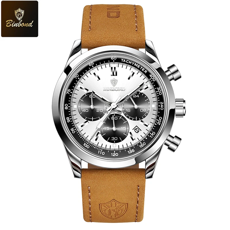 BINBOND Luxury Man Quartz Watch Waterproof Luminous Pointer Date Chronograph Leather Men Wristwatch Military Sports Male Watches