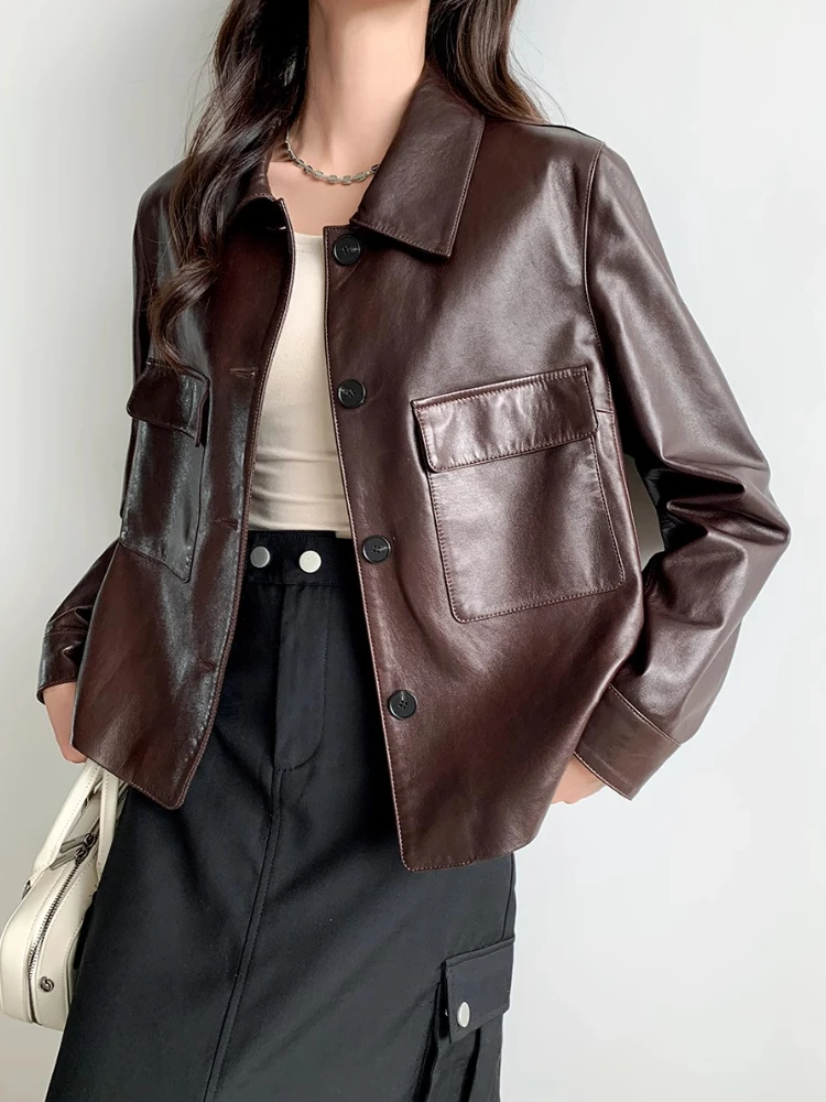 Casual Genuine Leather Cropped Jackets for Women Spring Autumn 2025 New High-end Simple Soft Oil Wax Real Sheepskin Coat