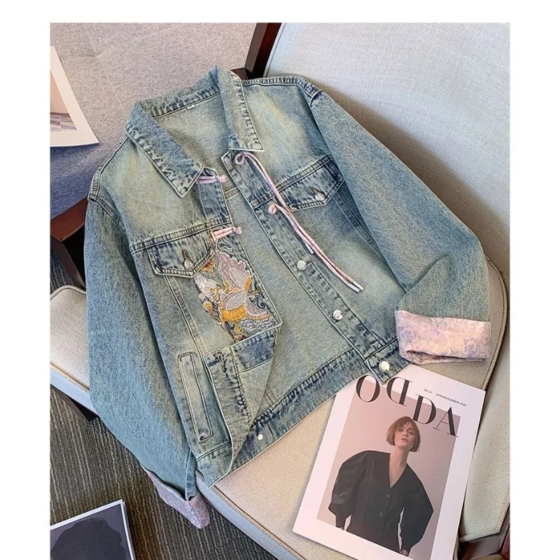 New National style buckle short denim jacket women's spring and autumn 2024 new embroidered Tang suit Print Jeans Coat Female