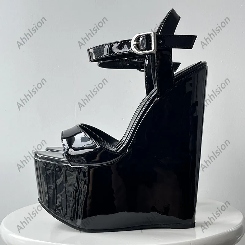 Ahhlsion Real Photos Women Summer Shiny Sandals Wedges High Heels Round Toe Black Dress Shoes Ladies US Plus Size 4-15