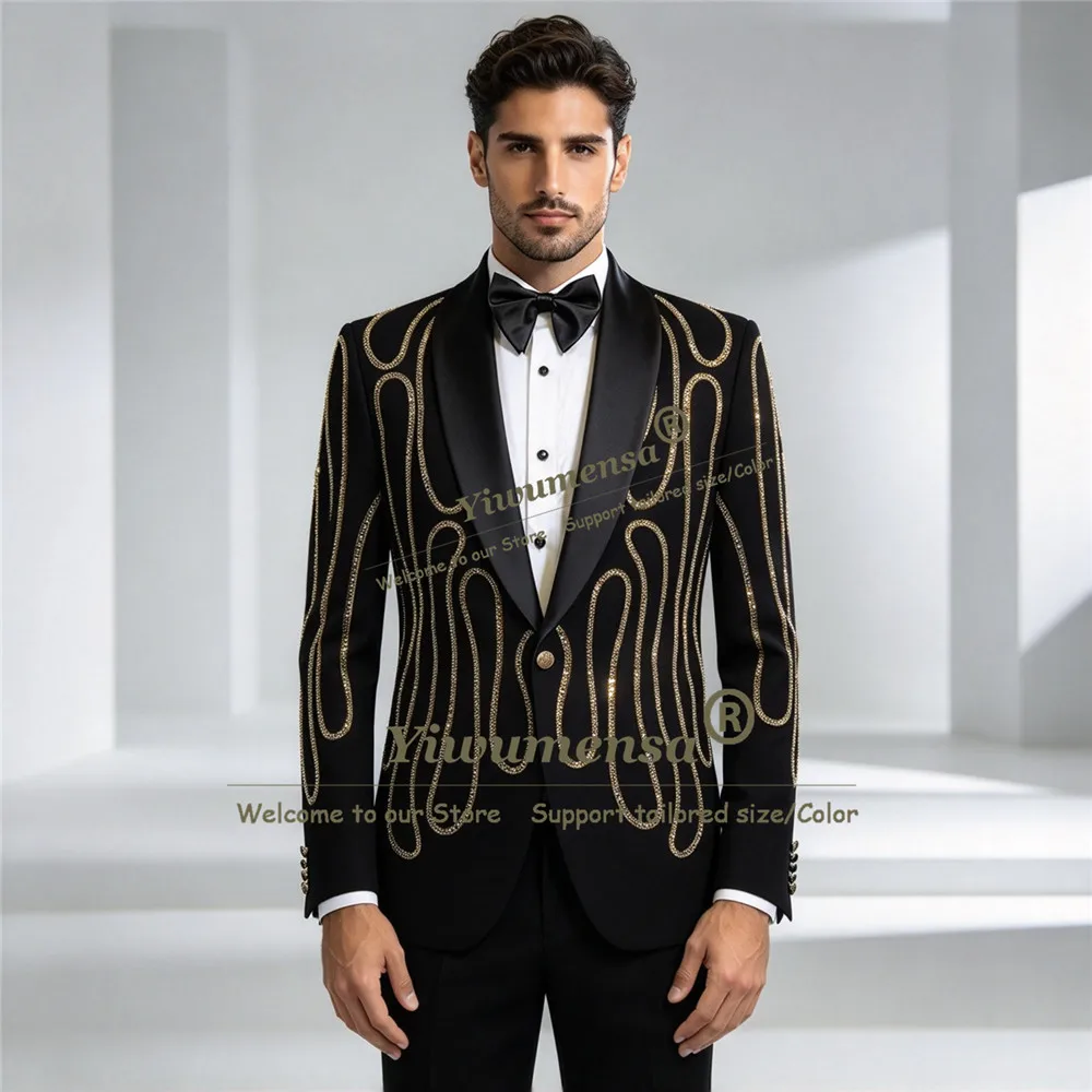 Handsome Suits Men For Wedding Gold Stones Shawl Lapel Prom Blazer Pants 2 Piece Sets Groom Formal Wear Tuxedo Terno Masculinos