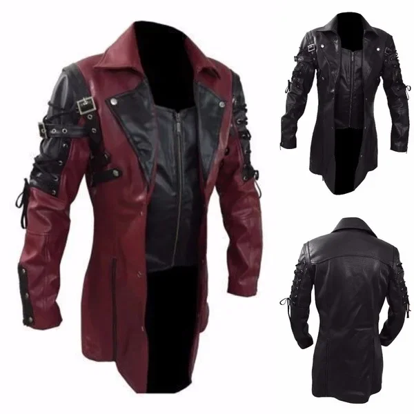 2025 Mens Medieval Cosplay Steampunk Gothic Pu Leather Trench Coat Jacket Overcoat Motorcycle Casual Blazer Halloween Costume