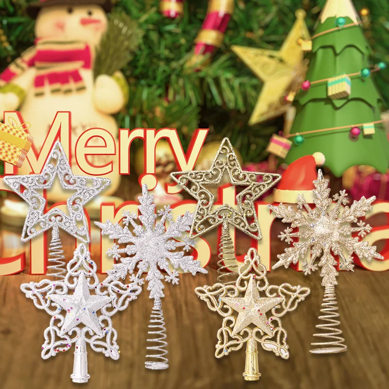 Christmas Tree Top Star Plastic Hollow Gold Scallion Powder Decoration Christmas Tree Five Point Star Snowflake Five Point Star