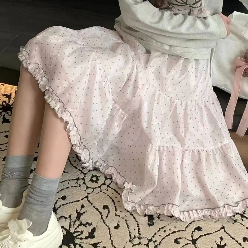 

Sweet Ruffle Pink Polka Dot Half Length Skirt for Women Summer New Cute High Waist Slim Skirts Harajuku Chic Puffed Skirt New