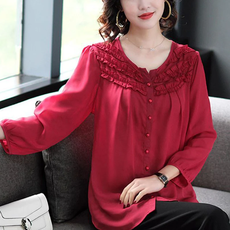 Spring Summer New Oversized Ruffles Button Up Chiffon Shirt Female Long Sleeve Loose Casual All-match Cardigan Top Women Blouse