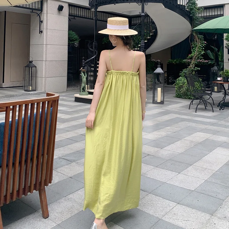2025 Avocado Green Vacation Style Pleated Flat Mouth Double Thin Suspender Loose Fit Dress for Beach Vacation Long Skirt