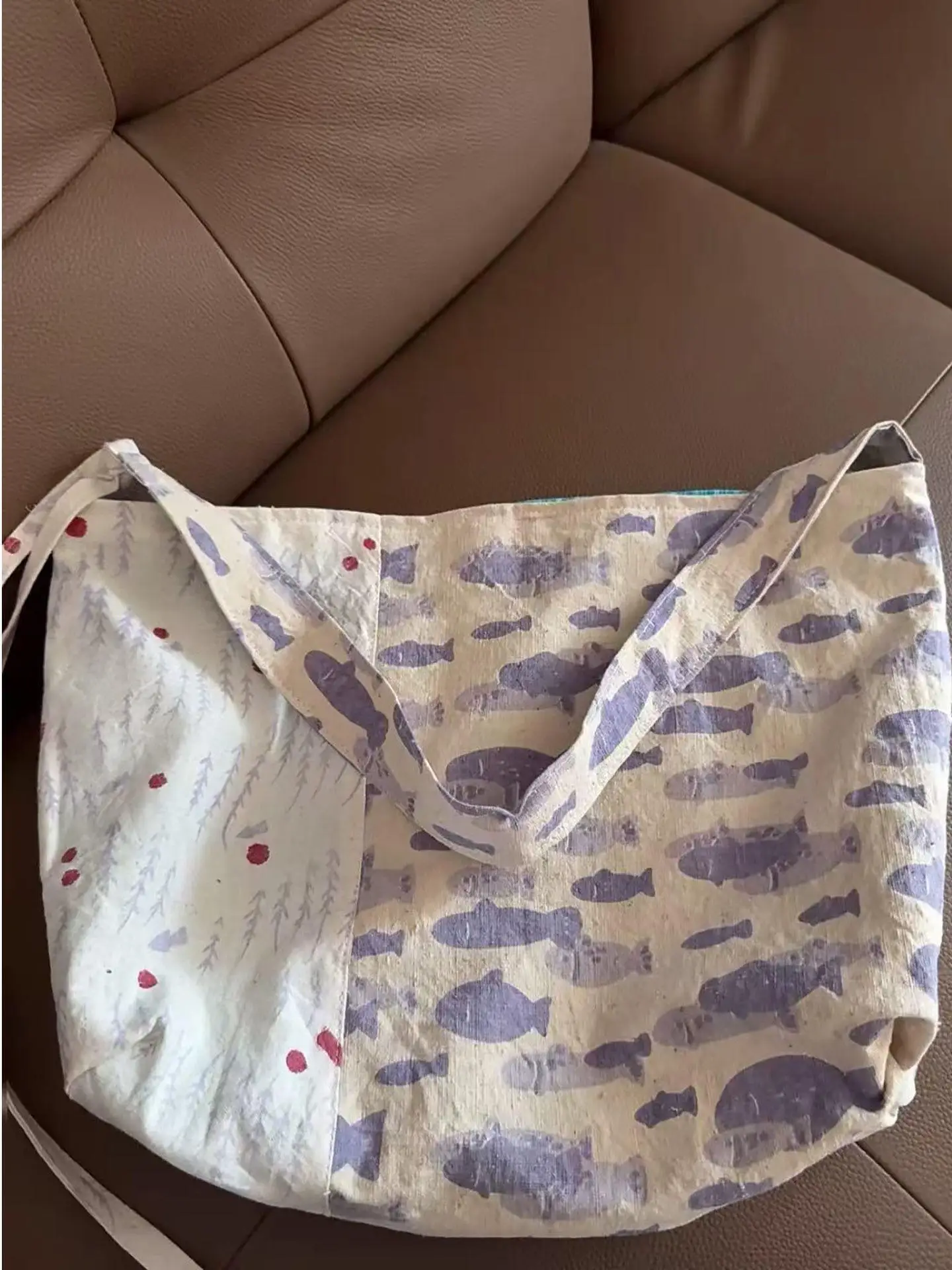 Purple Cloth Bag Contrasting Canvas Bag Seaweed Fish Print Splicing Bag Large Capacity Tote Bag Underarm Shoulder Bag 2026